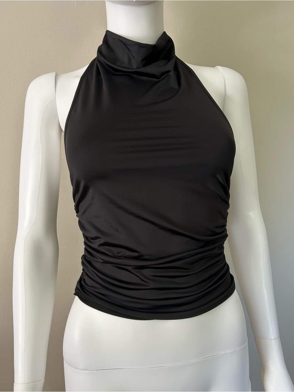 Princess Polly Black Ruched Halter Cowl Neck Open Back Top US 4